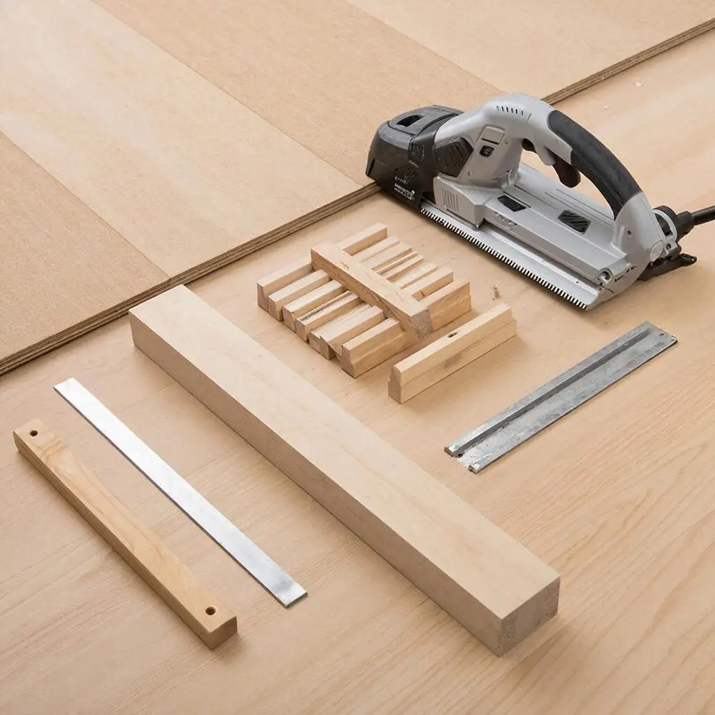 Набор инструментов для укладки ламината: электролобзик, клинья, подбивочный брусок и угольник